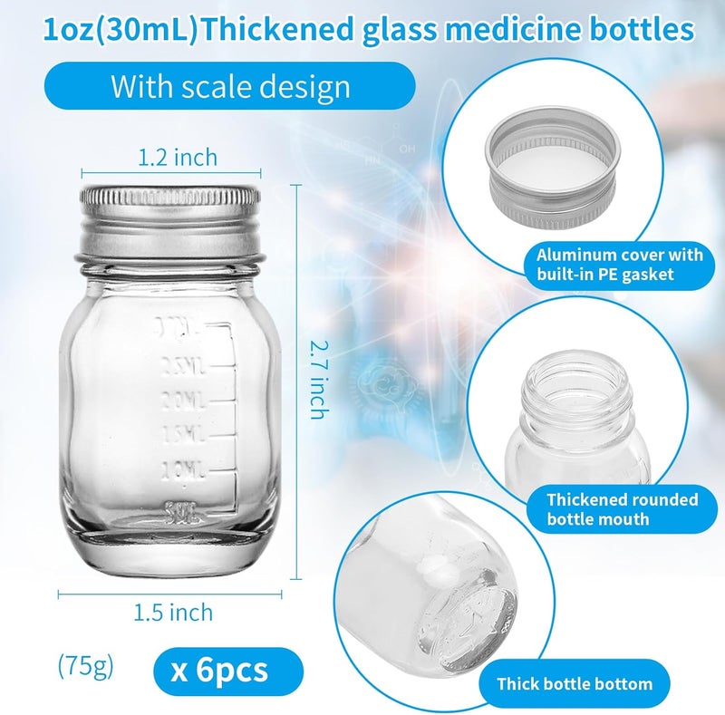 eispap 6Pcs Glass medicine bottles 1oz 30 ml Glass Reagent Bottles Transparent Sample Jar,Wide Mouth,Screw Cap with Scale for Home, Argent Lid (6) - Image 2